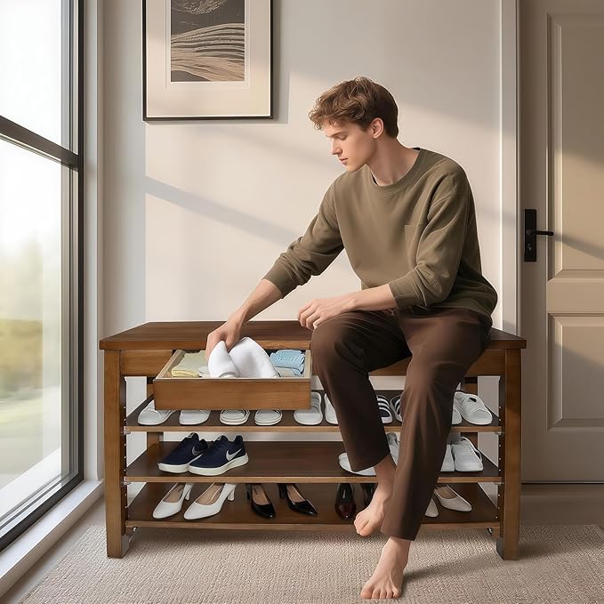 Wood Shoe Bench Entryway with Drawer: 3-Tiers Wooden Storage Shoe Rack with - Image 3