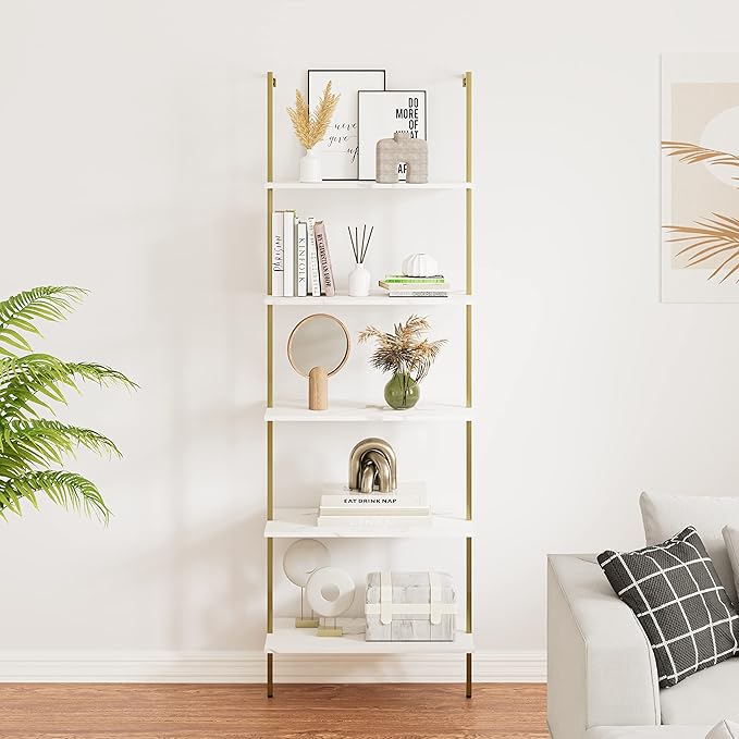 5 Tiers Ladder Shelf White Marble Modern Bookshelf Open Tall Wall Mount - Image 2