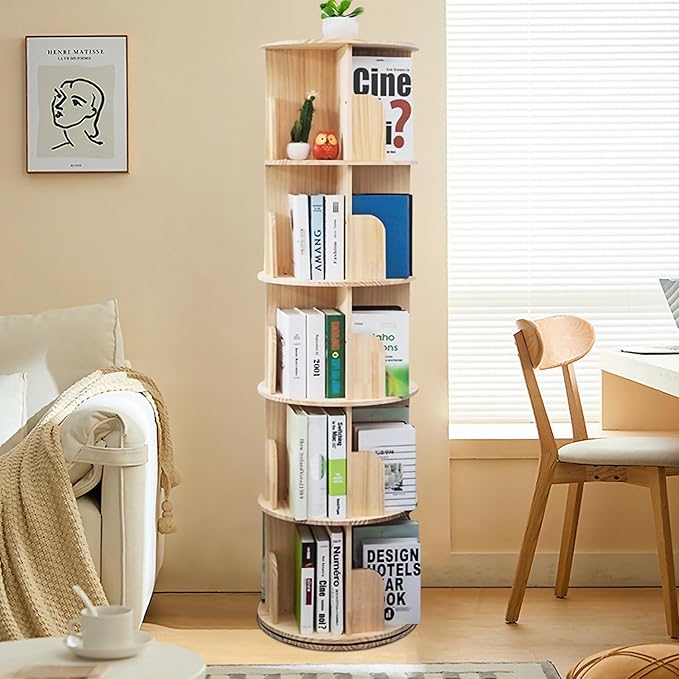 5 Tier Rotating Bookshelf Tower 360 Display Spinning Bookshelf Tower Floor - Image 2