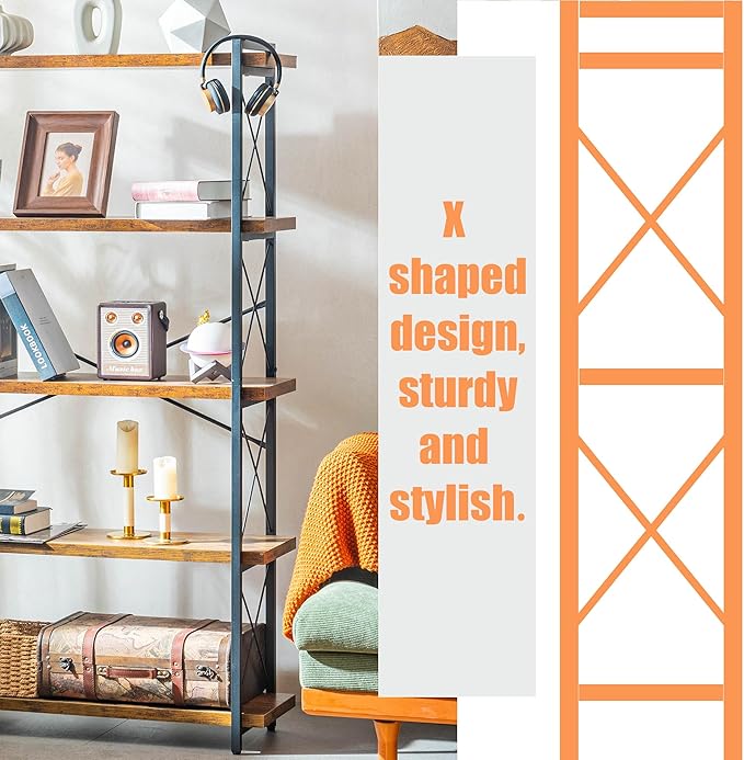 Bookshelf, 5 Tier Book Shelf, Industrial Tall Bookcase - Image 4