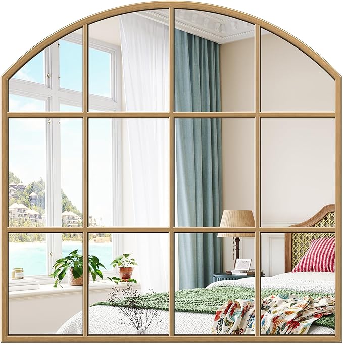 Window Pane Gold Mirror, Brass Rustic Arch Mirrors Large Grid Mirror by Brauthon