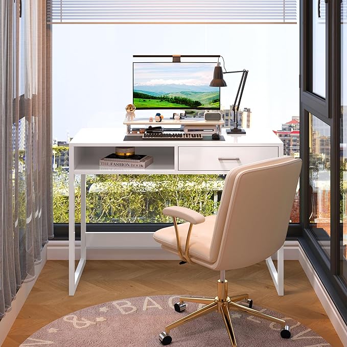 4NM 43.3" Computer Desk with Drawer, Morden White Home Office Desk, Study - Image 4