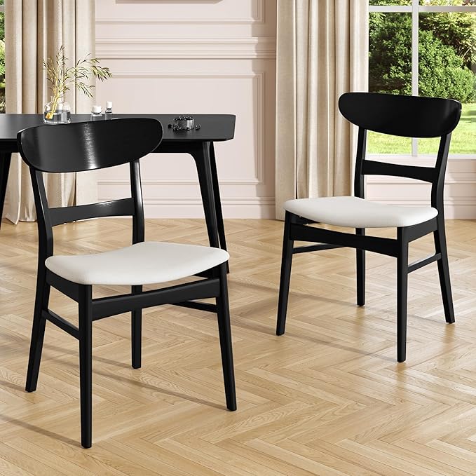 Set of 2 Solid Wood Dining Chairs, Fabric Upholstered Seat Mid-Century Modern - Image 2