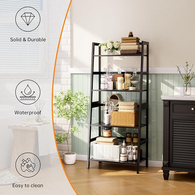 HITNET Ladder Shelf Black, 4-Tier Bookshelf, Freestanding Bathroom Storage Rack - Image 4