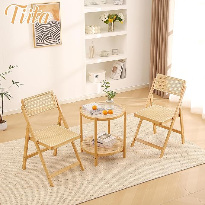 Tiita Rattan Dining Chairs Set of 2, Mid Century Modern Folding Chair, Bamboo - Image 5