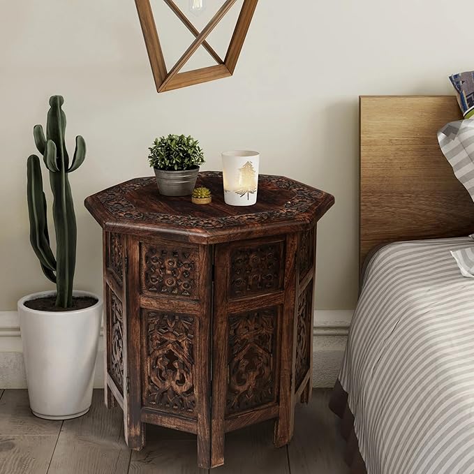 The Wooden Town End Tables for Living Room– Hand Carved Vintage Boho Folding - Image 5