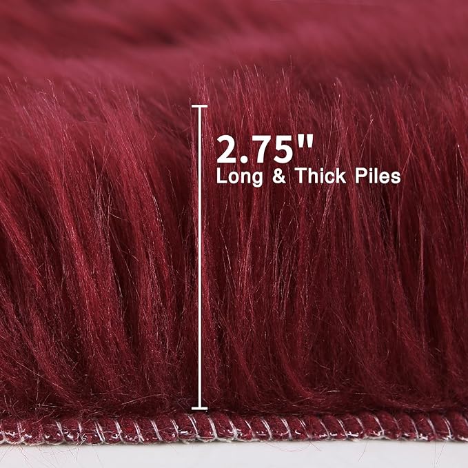 duduta Burgundy Sheepskin Throw Rug 2x3 ft, Fluffy Shag Faux Fur Seat Chair - Image 2