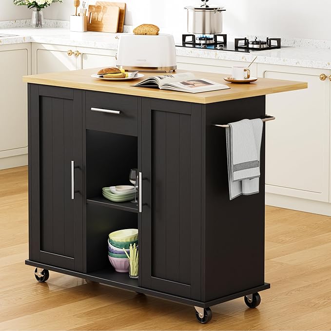 Shintenchi Kitchen Island with Storage, Bar Cart Cabinet Island Table on Wheels by Shintenchi