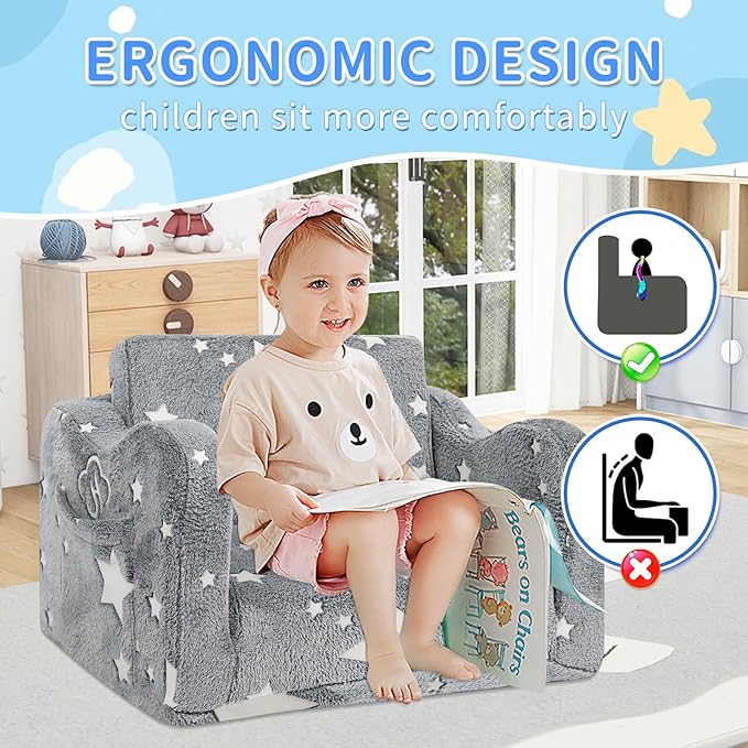 Kids Couch for Toddlers, 2-in-1 Kids Sofa Toddler Couch Chair Glow in The Dark - Image 4