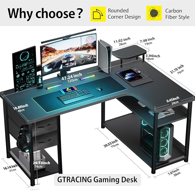 GTRACING Gaming Desk with Drawers, Carbon Fiber Style L Shaped Computer Desk - Image 6