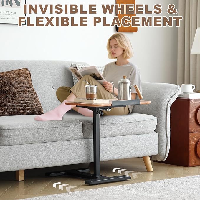 Solid Wood C-Shaped Side Table, 360° Rotating TV Tray Table, Height-Adjustable - Image 5