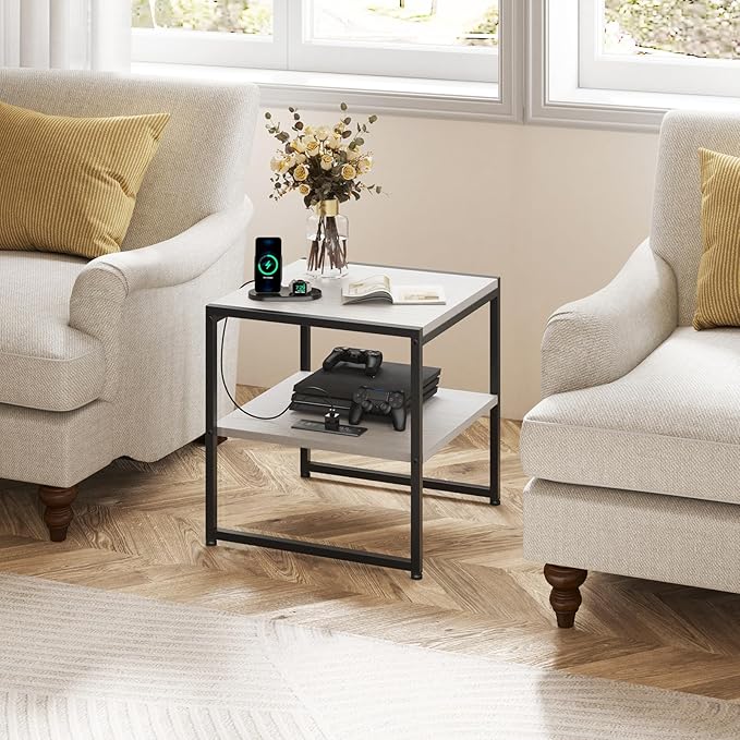 Tatub 20" End Table with Charging Station, Industrial Square Side Table with - Image 4