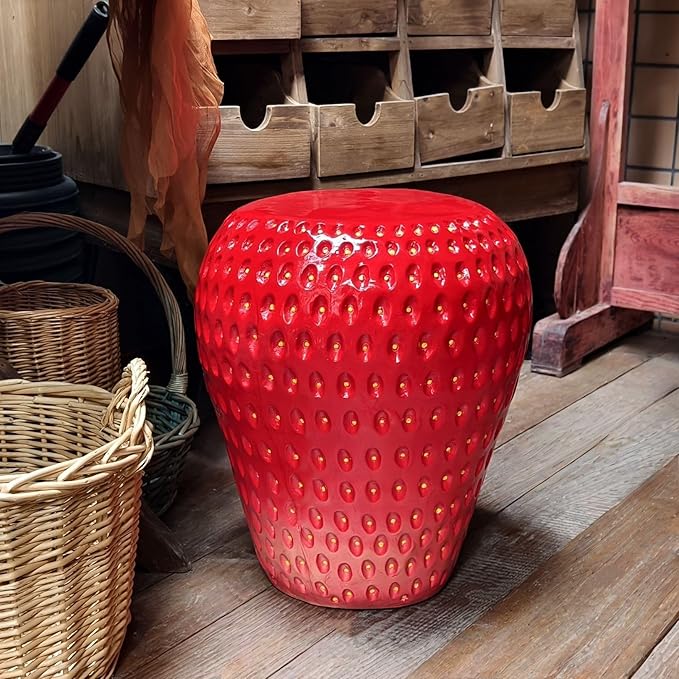 18" Red Strawberry Stool Statue Fruit-Inspired Side Table Indoor Outdoor Accent - Image 4