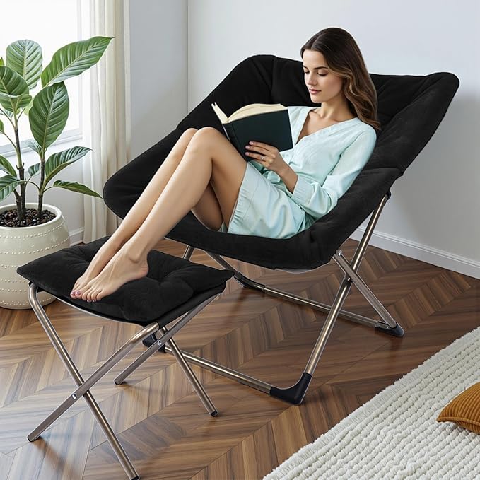 Kokel Plush Folding Chair and Ottoman Padded Metal Frame Living Room Chair - Image 2