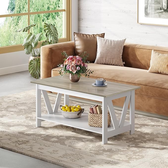 WLIVE Coffee Table with Storage Shelf, 39.4" Farmhouse Coffee Table with - Image 2