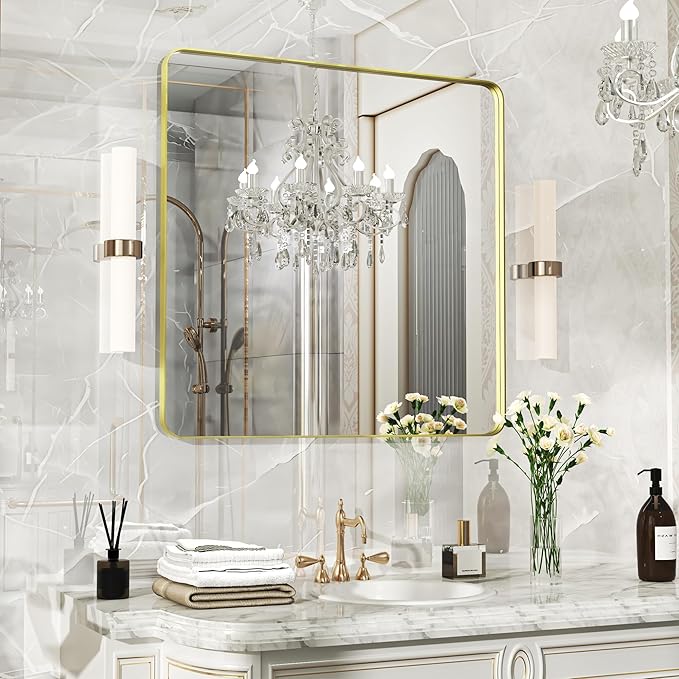 32×32 Glod Bathroom Mirror, Rectangular Bathroom Vanity Mirror by FunMemories