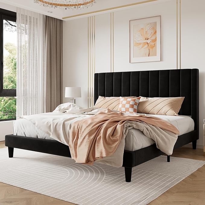 SHA CERLIN King Bed Frame/Velvet Upholstered Platform Bed Frame by SHACERLIN