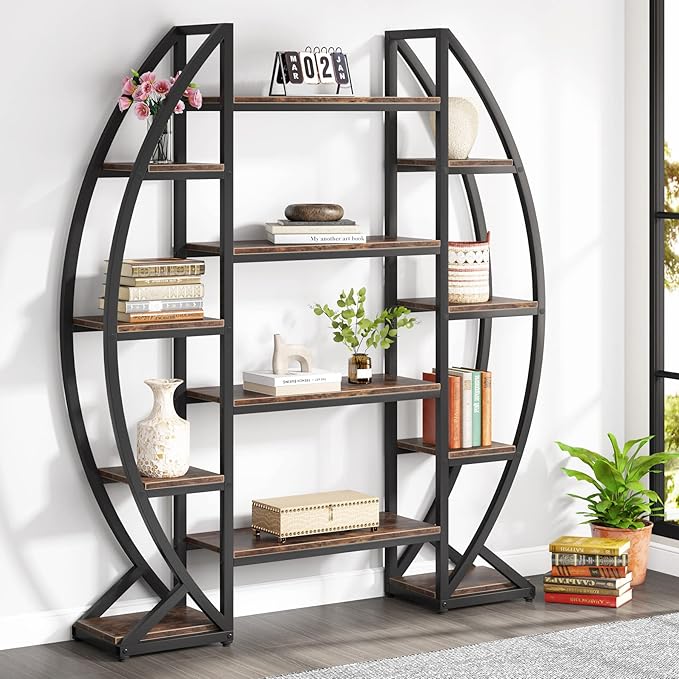 Tribesigns Oval Bookshelf, Triple Wide 5 Tier Etagere Bookcase, Industrial - Image 7