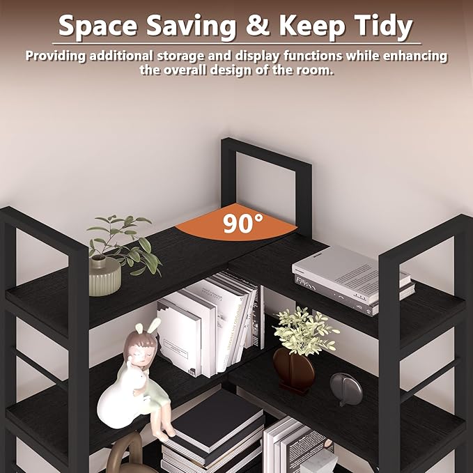 7-Tier Corner Bookshelf, Reversible Wooden Shelves, Industrial Bookcase - Image 6