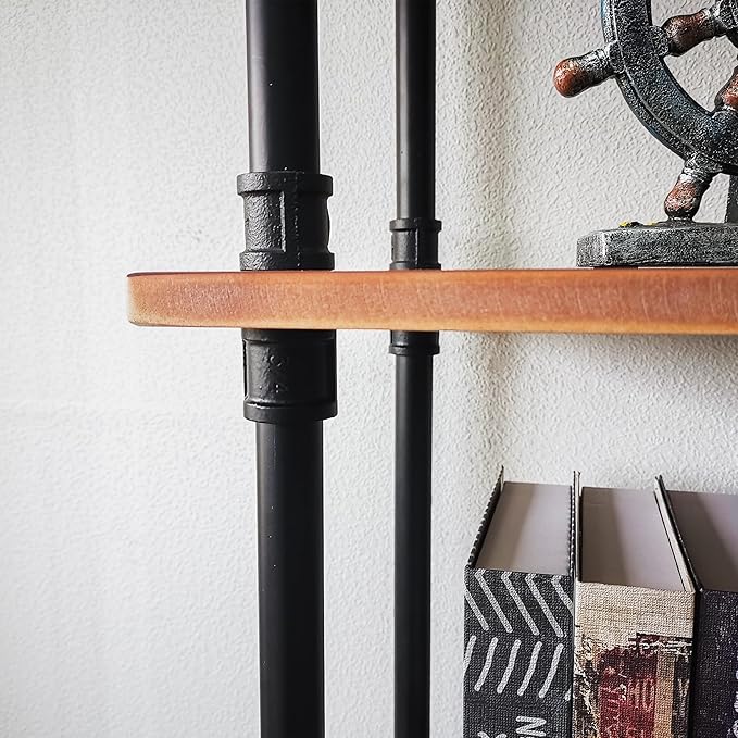 Industrial Bookshelves, Wood Pipe Bookshelf, 5 Shelf Rustic Display Storage - Image 7