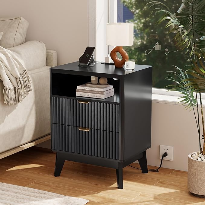 Fluted Nightstand with Charging Station, 19.7 inch Wide End Table with 2 Drawers - Image 8