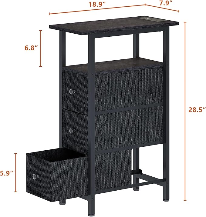 End Table with Charging Station, Narrow Side Table with 3 Fabric Drawers - Image 3