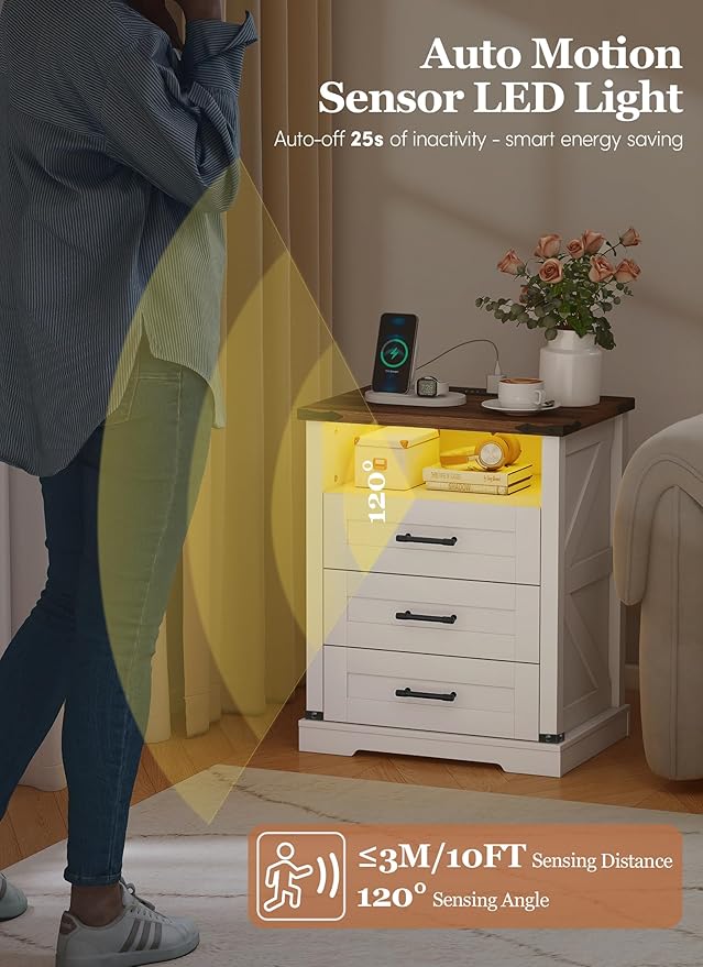 Night Stand with Charging Station 22" Large Farmhouse Nightstands with 3 - Image 3