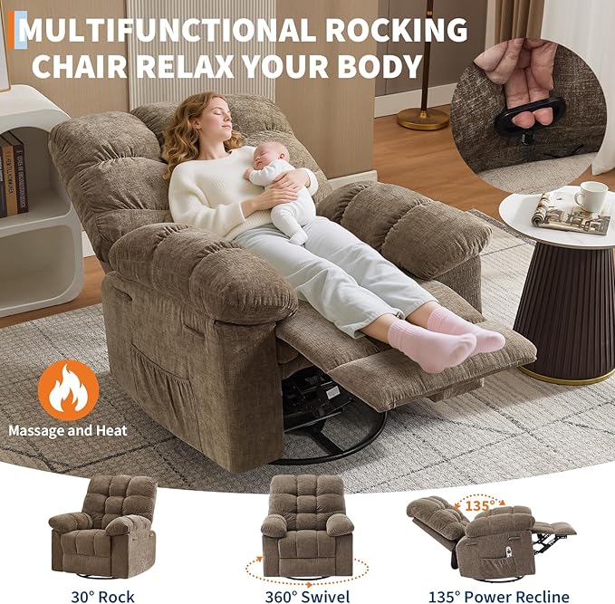 Rocking Recliner Chair with Vibration Massage & Heat, 360° Swivel Oversized - Image 7