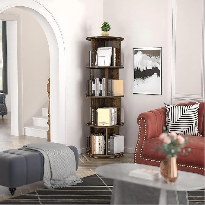 VECELO Rotating Bookshelf Tower, 360°Revolving Bookcase, Round Book Shelf - Image 4