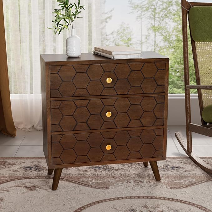 COSIEST Modern End Table w 3 Storage Drawers, Night Stand w Honeycomb Pattern by COSIEST