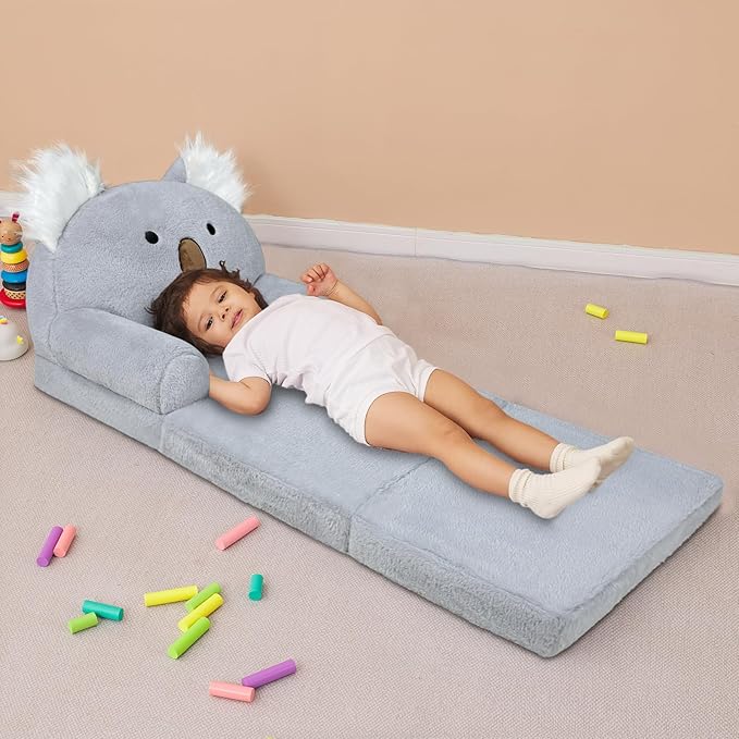 Toddler Chair with Faux Rabbit Fur – 2-in-1 Foldable Kids Couch, Koalas Design - Image 5