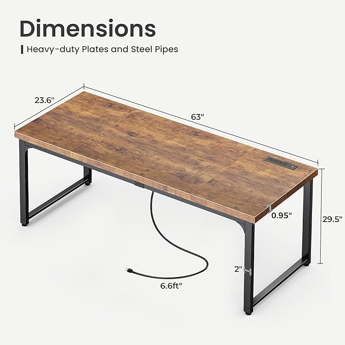 Huuger 63 x 24 inch Desk with Power Outlets & USB-C, Deeper & Thicker Desktop - Image 3