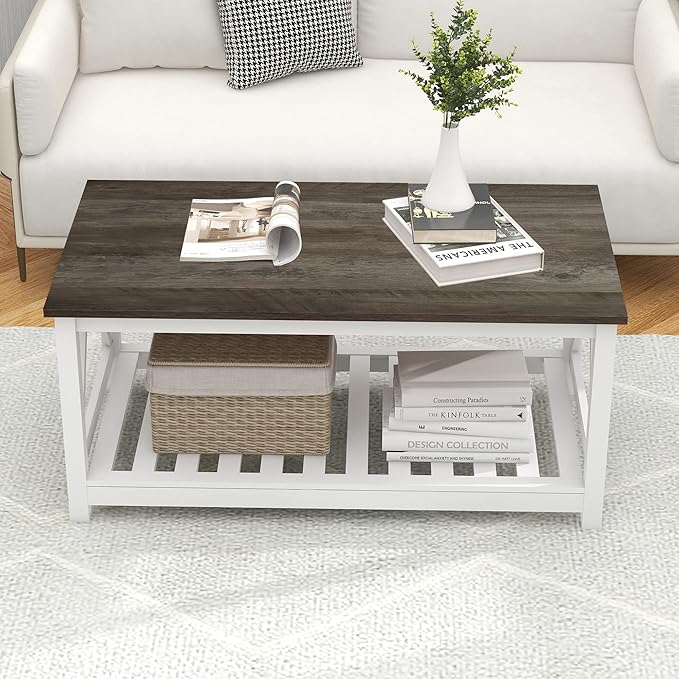 Farmhouse Coffee Table, 2-Tier Rectangular Wooden Centre Cocktail Table - Image 8