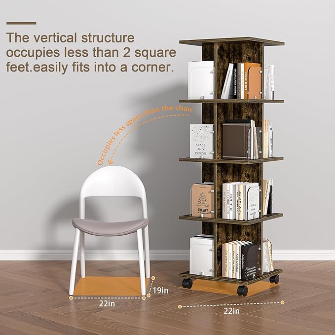 VECELO Rotating Bookshelf with Brake Wheels, 4 Tier Revolving Bookcase - Image 7