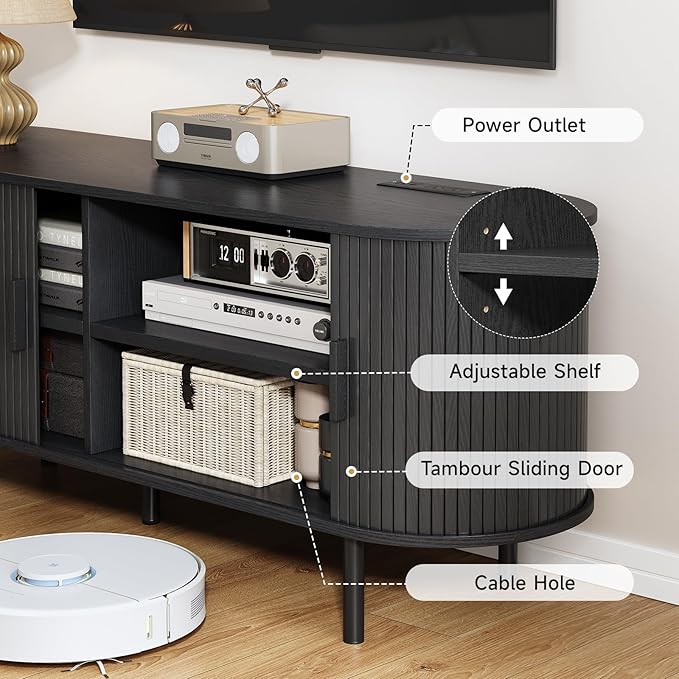 63" TV Stand with Power Outlet, Modern Media Console with Sliding Doors - Image 6