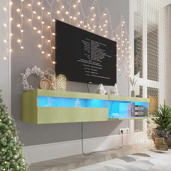 Floating TV Stand with Led Lights, 71 inch Wall Mounted TV Shelf with Power by ANTISTA-10YEARSFURNITURE