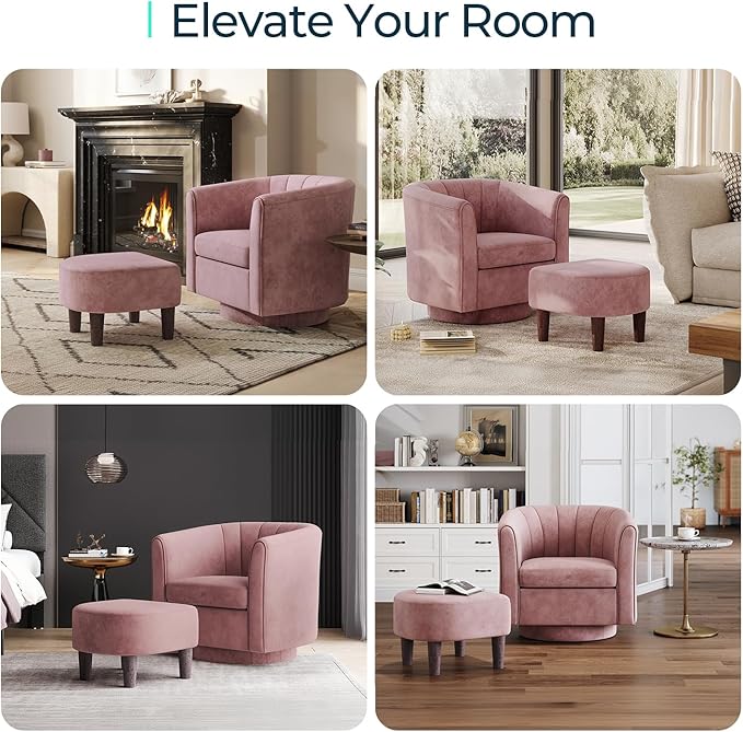 LINSY Swivel Accent Chair Ottoman Set: Velvet Small Barrel Chair - Image 5
