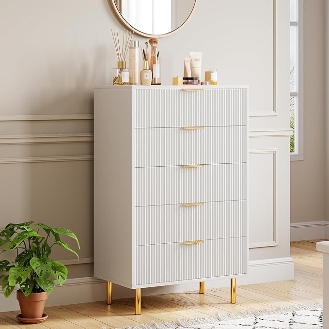 GarveeHome White Dresser, Modern 5 Drawer Dresser by GarveeHome