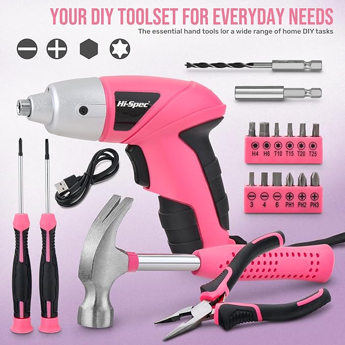 Hi-Spec 19pc 3.6V Pink USB Small Power Screwdriver & Home DIY Tool Kit Set. - Image 2