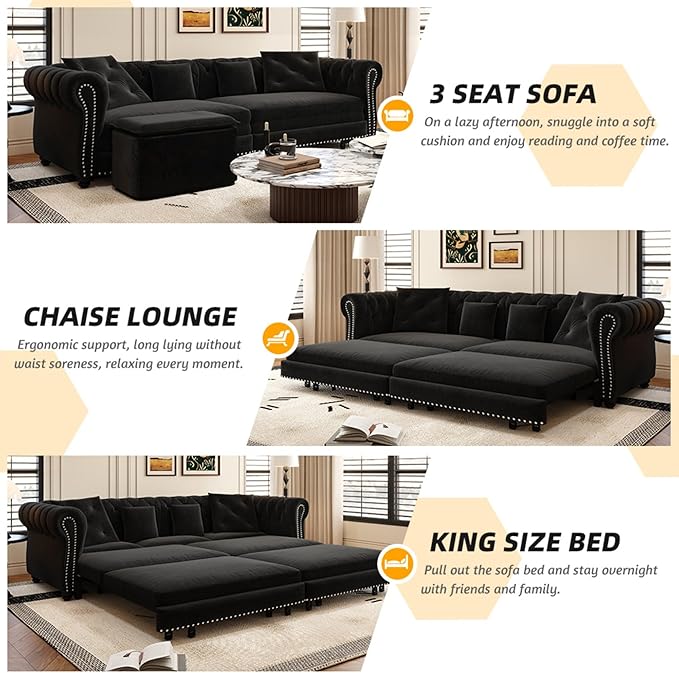 KEIKI 3-in-1 Velvet Chesterfield Sofa Bed - Image 3