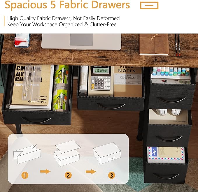 Small Desk with 5 Fabric Drawers, 33 Inch Computer Desk - Image 3