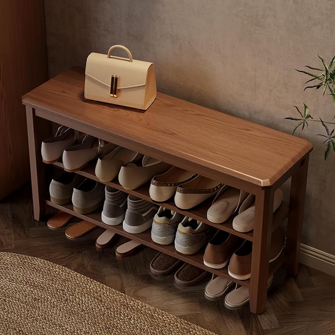 Wood Shoe Rack Bench for Entryway, 2 Tier Shoe Rack for Front Door Entrance by AQIMUELE-Solidwoodfurniture
