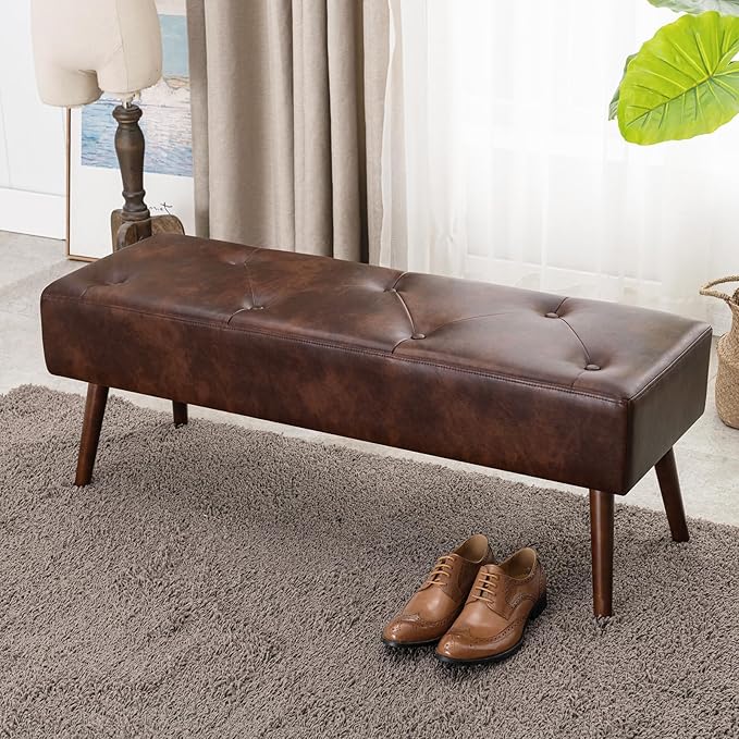 Furniliving 44 Inch Tufted Bench, Leather Footrest Bedroom Bench Seat, - Image 9