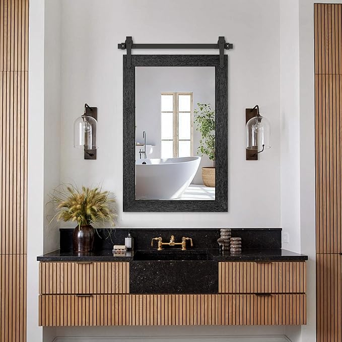 Farmhouse Bathroom Mirror for Over Sink 22”x32” Black, Rustic Western Barn - Image 7