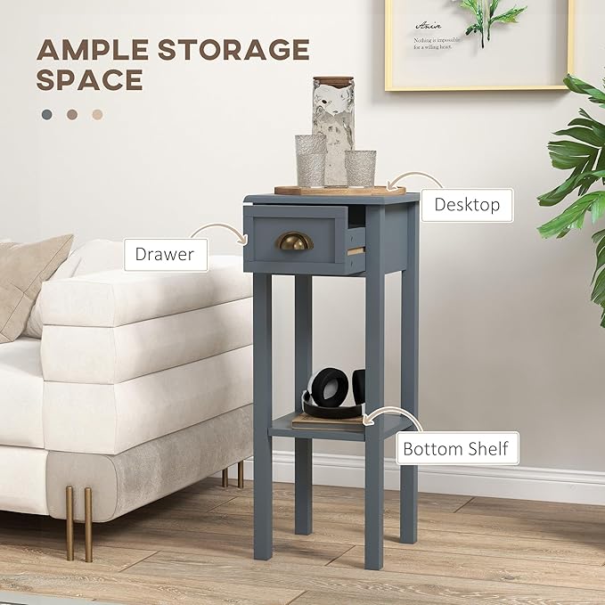 HOMCOM 2-Tier Side Table with Drawer, Narrow End Table with Bottom Shelf - Image 4