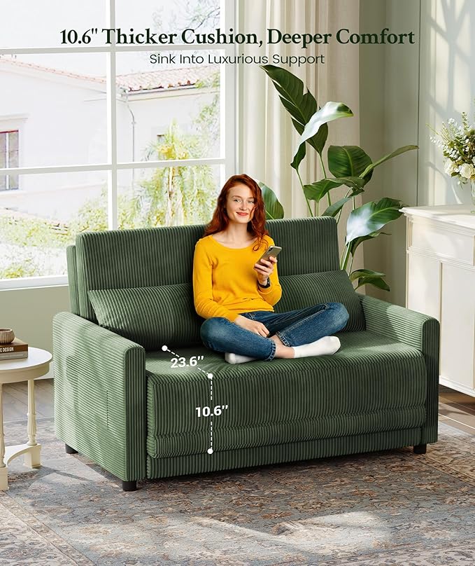 53” Convertible Sofa Bed Couch, Corduroy Couch Bed, 6-Position Loveseat Sleeper - Image 5
