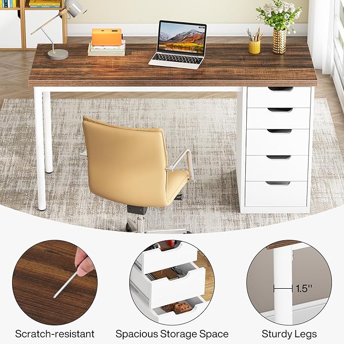 Tribesigns Computer Desk with 5 Drawers, 47 inches Rustic Brown Home Office - Image 8