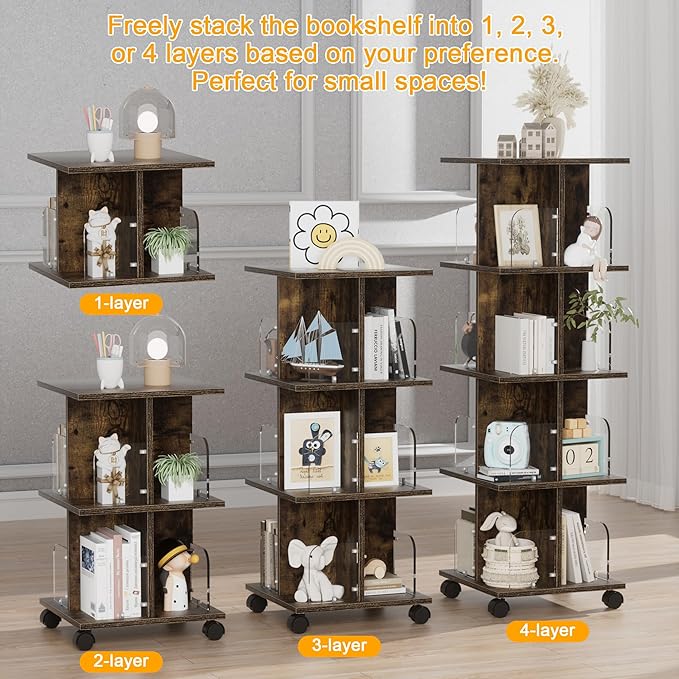 VECELO 4-Tier Rotating Bookshelf, Modern Swivel Bookcase - Image 3