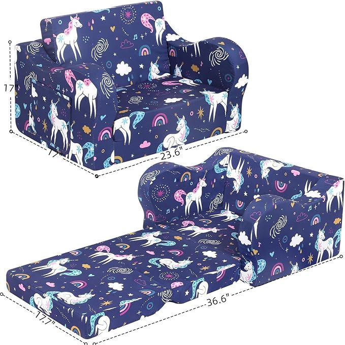 Rainbow Unicorn Kids Sofa, 2-in-1 Kids Couch Fold Out, Convertible Sofa to Bed - Image 3