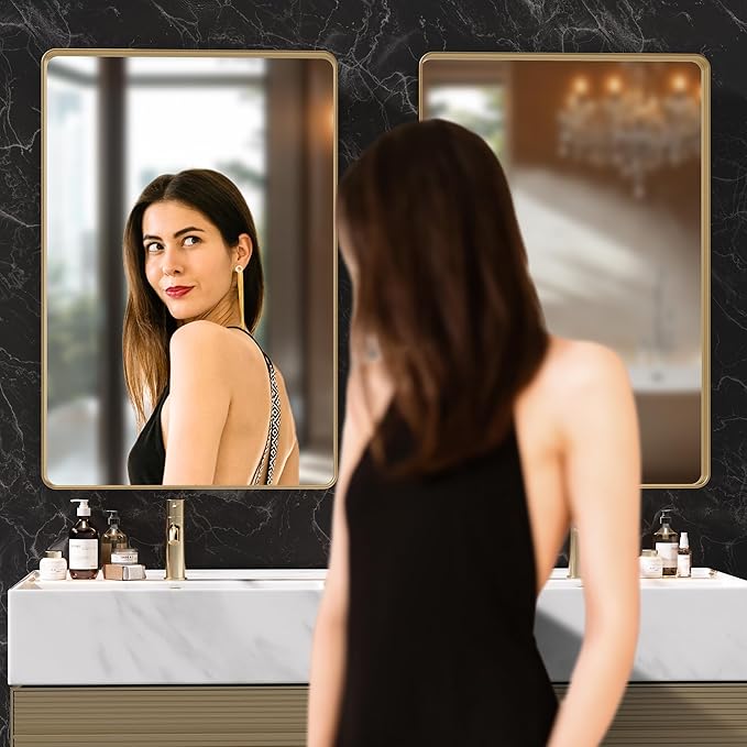 Hasipu 2 PCS Bathroom Mirror for Wall, 36 x 28 Inch Gold Metal Framed Bathroom - Image 3